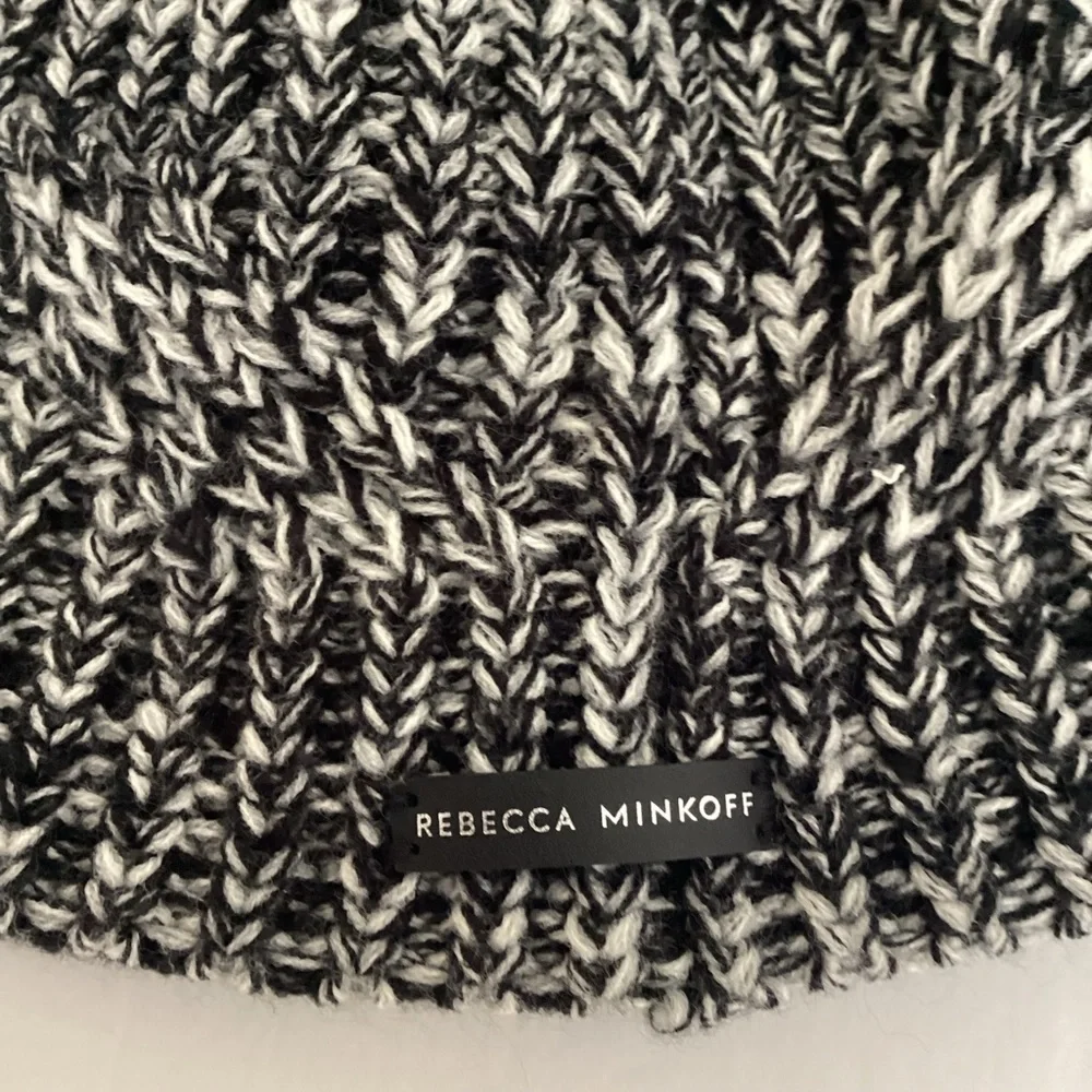 Rebecca Minkoff Cable Knit Beanie Hat Chunky Pom Pom Black Grey Cozy
